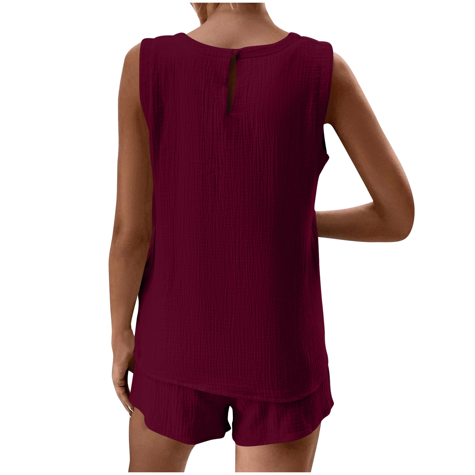 thumbnail image 2 of Conjunto de camiseta sin mangas con cuello redondo y bolsillos y pantalones cortos para mujer - Ropa informal de tejido suave, 2 of 8